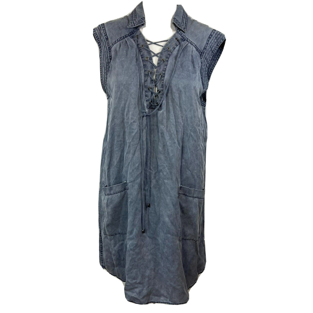 Greylin Dress Womens Sz M Blue Shift Collared Sleeveless Lace Up V Neck Pockets